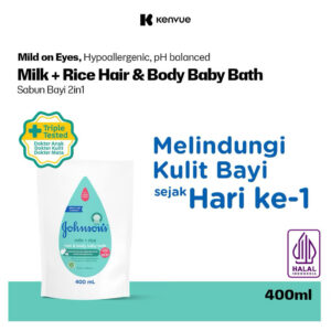 JOHNSON'S Milk + Rice Hair & Body Baby Bath - 2in1 Baby Soap Refill 400ml