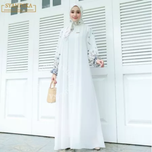 (HIJAB FREE) WHITE ZASKIA DRESS GAMIS SET SILENT WOMEN'S HIJAB CURUTY BABY DOLL PREMIUM|SYAHNAZ MUSLIM FASHION