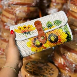 Balinese Rattan Clutch Bag Featuring a Printing sunflower design
