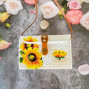 Balinese Rattan Bag featuring a Printing Sunflower Design