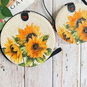 Handmade Rattan Round Bag with Printing Design