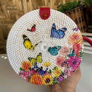 Balinese Rattan Round Bag featuring a Printing Butterfly Design