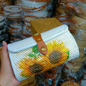 Balinese Rattan Clutch Bag Featuring a Printing sunflower design