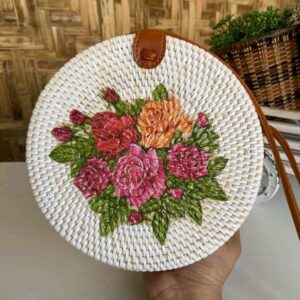 Balinese Rattan Round Bag Featuring a Printing Rose design