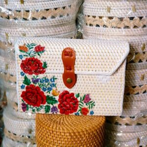 Balinese Rattan Clutch Bag Featuring a Printing Rose Design
