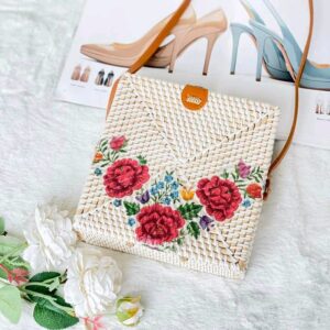 Balinese Rattan Square Bag - Printing Rose Design