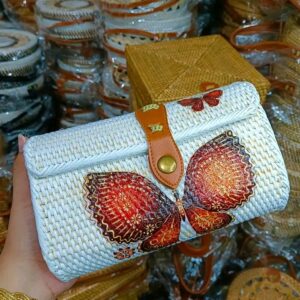 Balinese Rattan Clutch Bag Featuring a Printing Butterfly Design