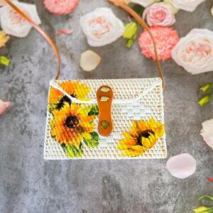 Balinese Rattan Bag featuring a Printing Sunflower Design