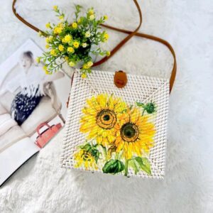Balinese Rattan Square Bag - Printing Sunflower Design