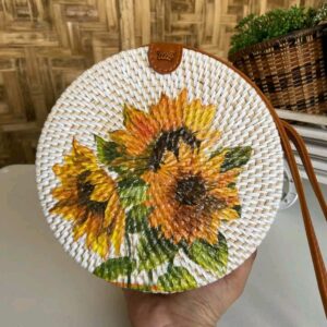 Balinese Rattan Round Bag Featuring a Printing sunflower design