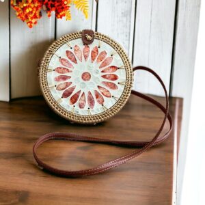 Handmade Rattan Round Bag with Pressed Leaf Mosaic Design