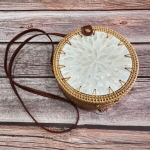 Handmade Rattan Round Bag with Pressed Leaf Mosaic Design