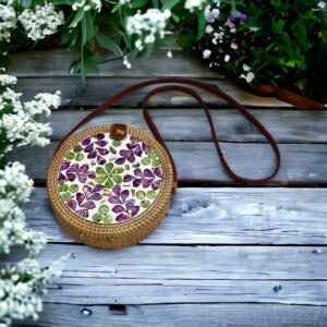 Handmade Rattan Round Bag with Pressed Leaf Mosaic Design