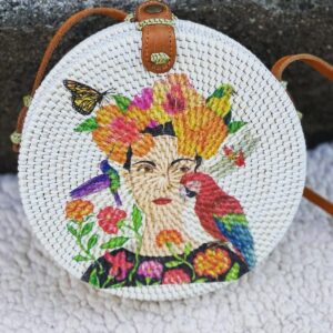 Handmade Rattan Round Bag with Printing Design