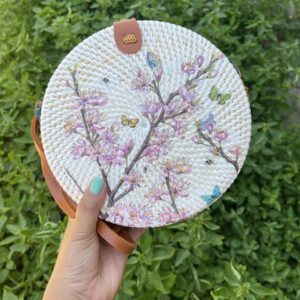 Handmade Rattan Round Bag with Printing Design