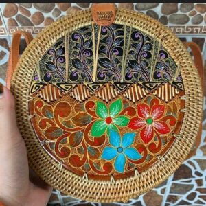 Balinese Rattan Circle Bag with Batik Design