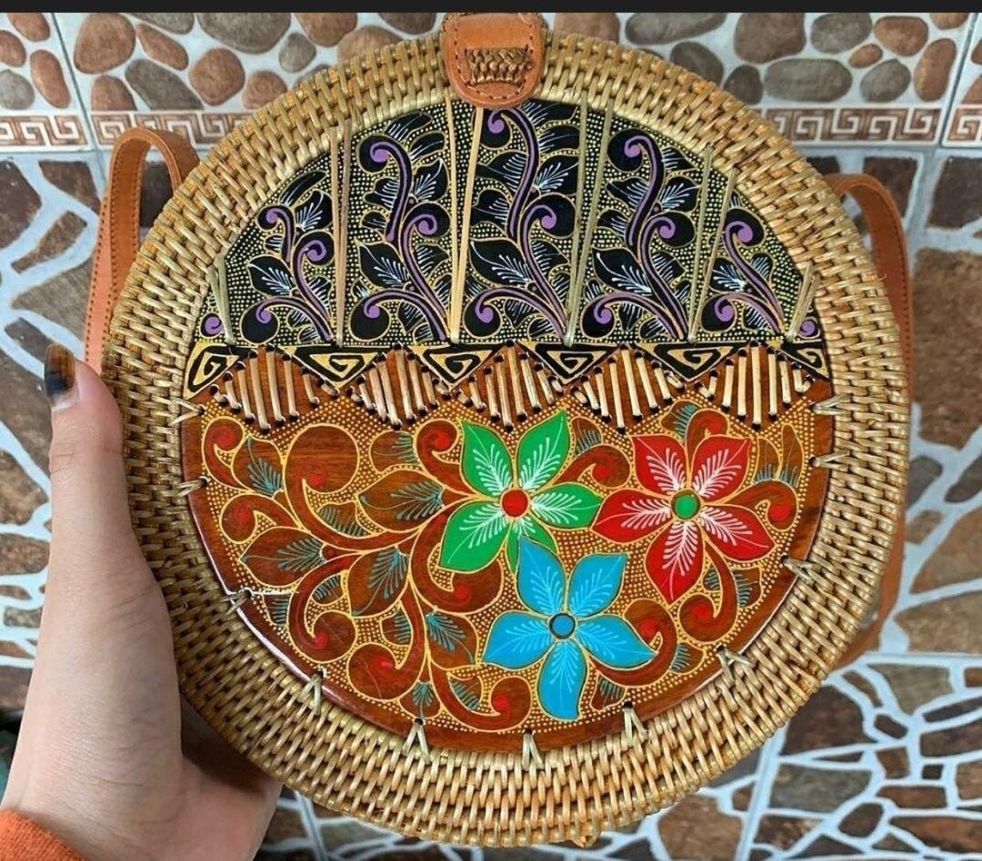 Balinese Rattan Circle Bag with Batik Design