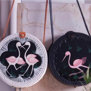 Handmade Rattan Bag - Painted Flamingo Design