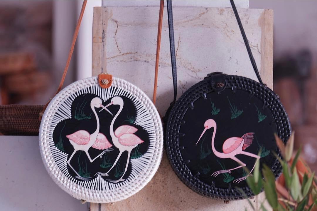 Handmade Rattan Bag - Painted Flamingo Design
