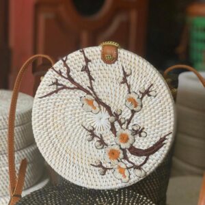Authentic Balinese Handmade rattan Round Crossbody Bag Decorated with a Sakura Flower Embroidery