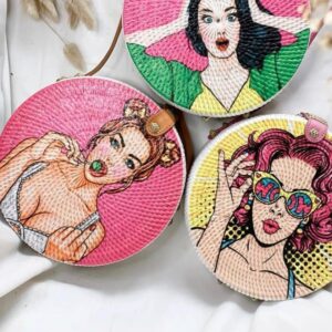 Handmade Rattan Round Bag with Printing Design