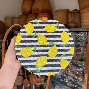 Handmade Rattan Round Bag with Printing Design