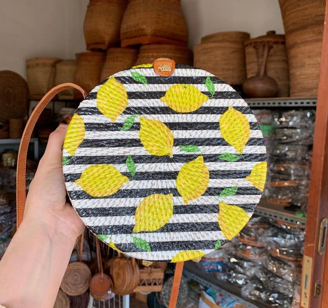 Handmade Rattan Round Bag with Printing Design
