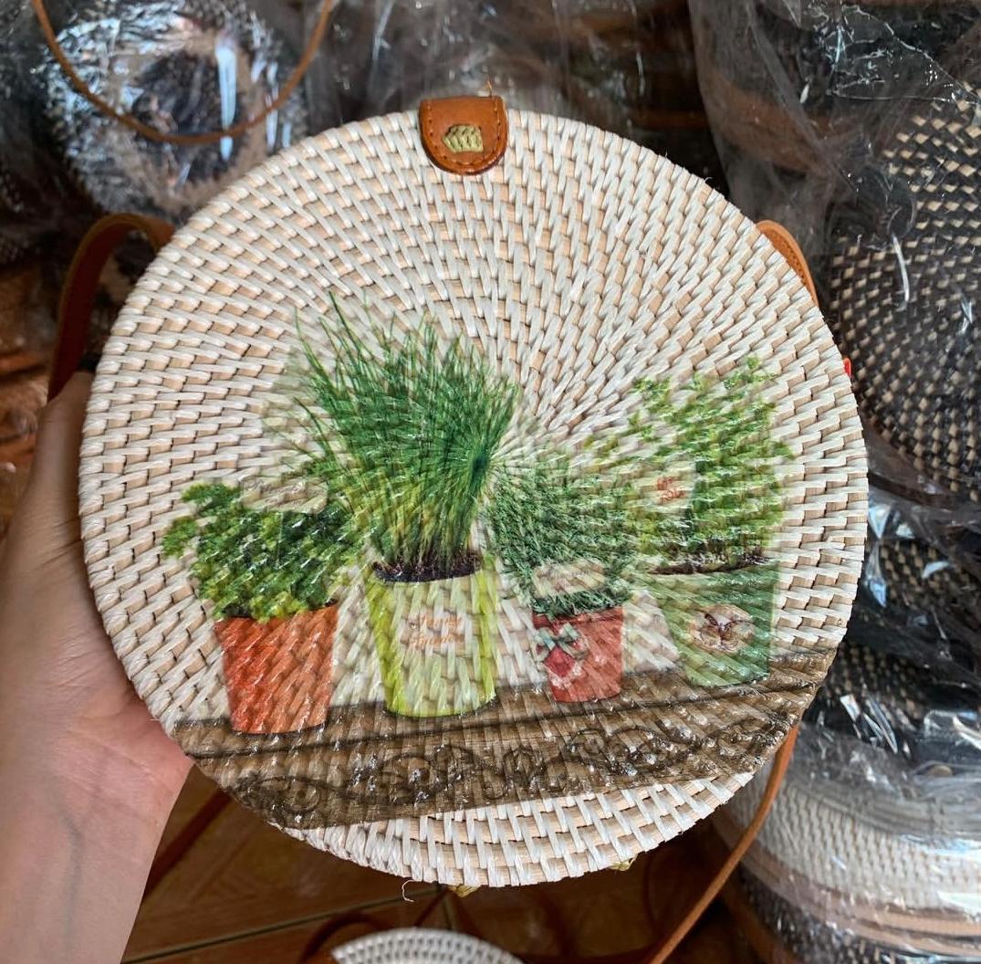 Handmade Rattan Round Bag with Printing Design