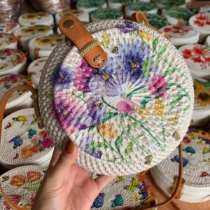 Handmade Rattan Round Bag with Printing Design