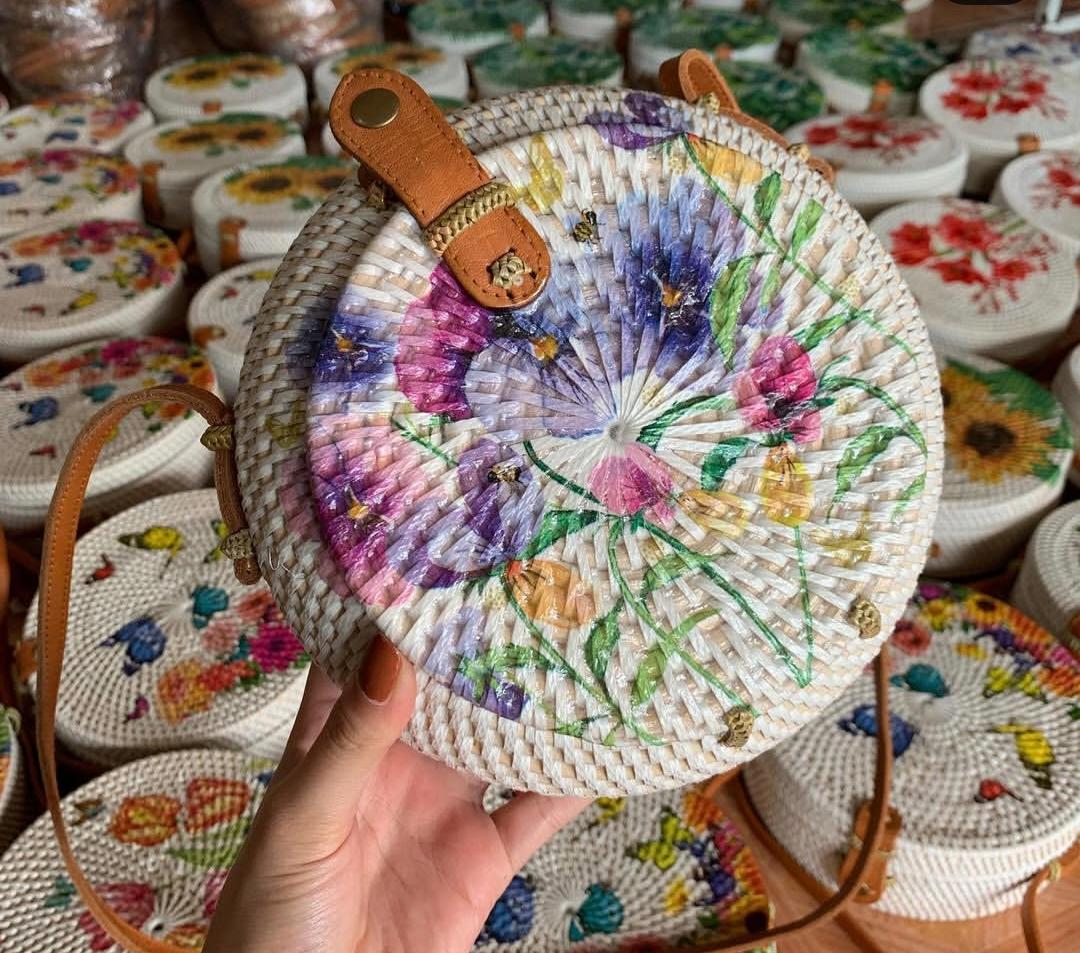 Handmade Rattan Round Bag with Printing Design