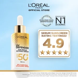L'Oreal Paris UV Serum Sunscreen SPF 50+ PA++++ - UV Defender Sun-Repair Invisible Serum 2-in-1 Skincare 30ml,