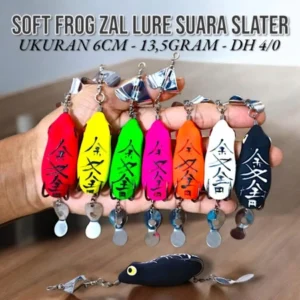 SOFT FROG ZAL LURE SLATER SOUND. SOFT FROG IS NOISY. BODY SIZE 6CM. WEIGHT 13.5GRAM. DH 4/0. CASTING BAIT FOR COCKFISH AND TOMAN