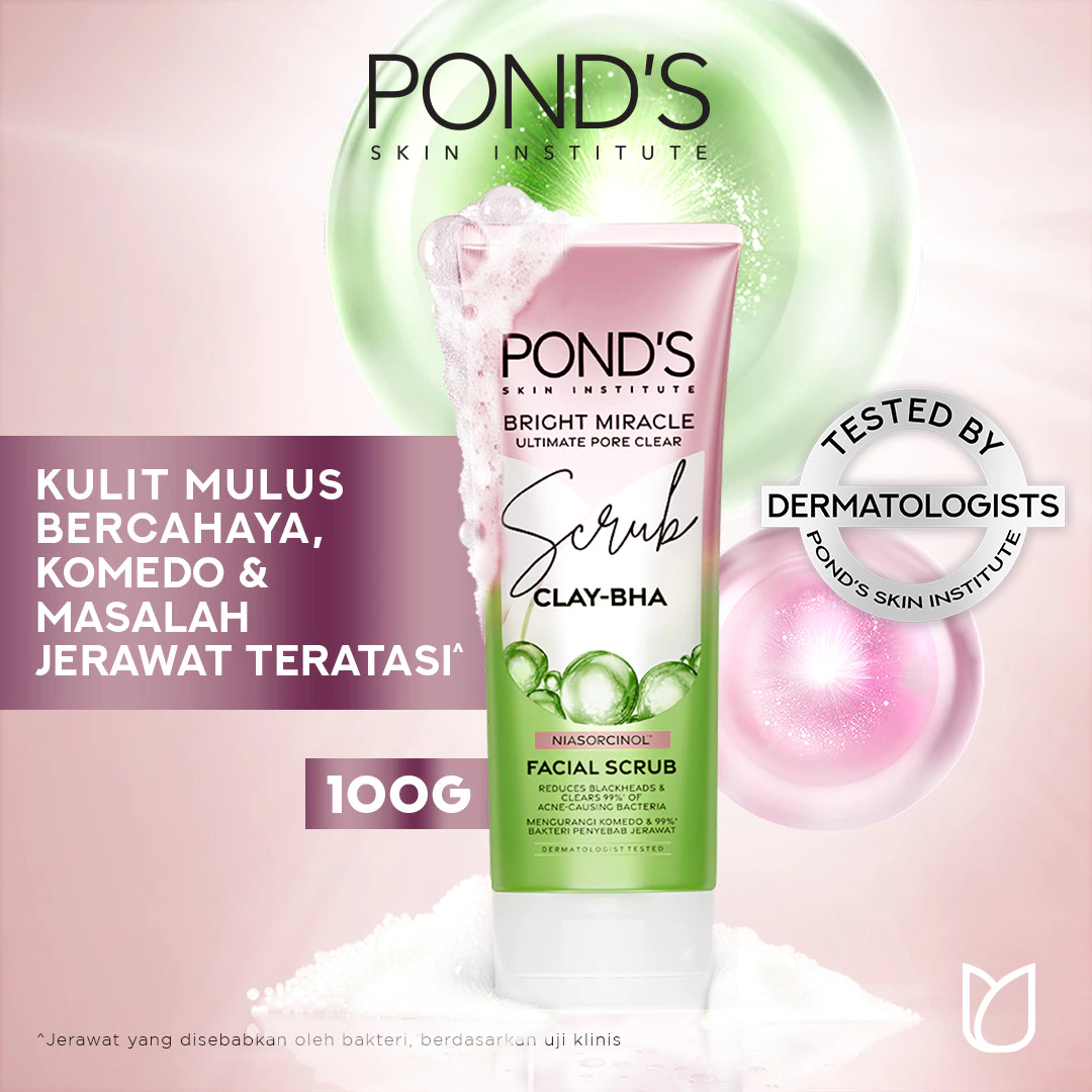 Pond's Bright Miracle Ultimate Pore Clear Facial Scrub 100G - A facial cleanser that cleanses 99% of acne-causing bacteria.